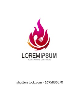 Feuerlogos mit Löffel und Gabel, Logo des Restaurants für das Kochen, Vektorillustration Rot und Branddesign