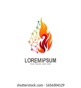 Logotipo de incendio y diseño tecnológico, logotipo de llama con combinación de diseño tecnológico