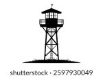 Fire Lookout Tower Silhouette Vector, Fire Tower Black Clipart isolated on a white background