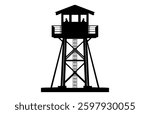 Fire Lookout Tower Silhouette Vector, Fire Tower Black Clipart isolated on a white background