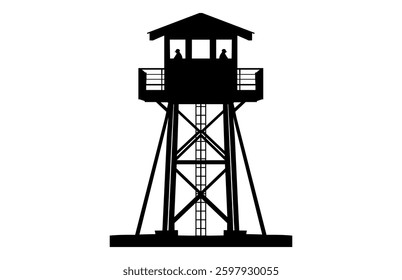 Fire Lookout Tower Silhouette Vector, Fire Tower Black Clipart isolated on a white background