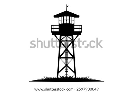 Fire Lookout Tower Silhouette Vector, Fire Tower Black Clipart isolated on a white background