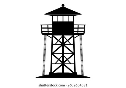 Fire Lookout Tower Vector Silhouette, Fire Tower Black Clipart isolated on a white background