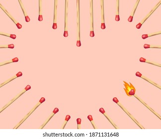 Fire of love concept. Burning matchstick with heart shaped head between ordinary others on pink background. Passion and perfect match vector illustration.