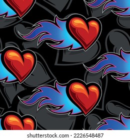 Fire love seamless pattern design with love heart and fire flame vector art graphic for print, Valentine's day wrapping paper, postcard, wallpaper and textile