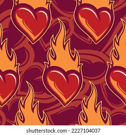 Fire love seamless pattern design with love heart and fire flame vector art graphic for print, Valentine's day wrapping paper, postcard, wallpaper and textile