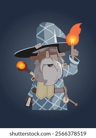 Fire mage character in the dark night