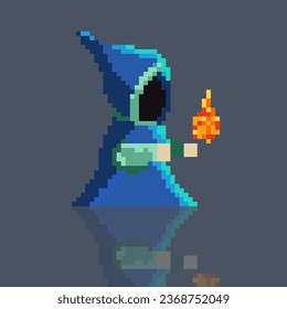 Fire mage character in pixel art on white background