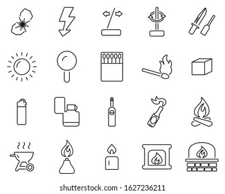 Fire & Fire Making Tools Icons Black & White Thin Line Set Big