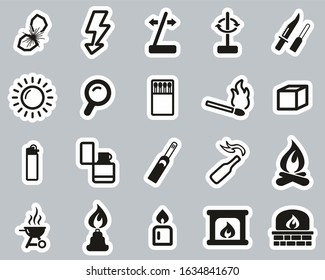 Fire & Fire Making Tools Icons Black & White Sticker Set Big