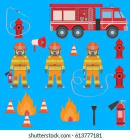  Fire man and icons set inventory extinguishing fire rescue professional composition. Vector illustration
