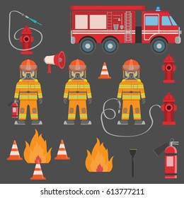  Fire man and icons set inventory extinguishing fire rescue professional composition. Vector illustration