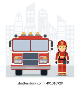 Fire man with a fire truck in the city. Firefighter profession. Firefighter in work wear. Flat cartoon fire man illustration. Objects isolated on a white background.