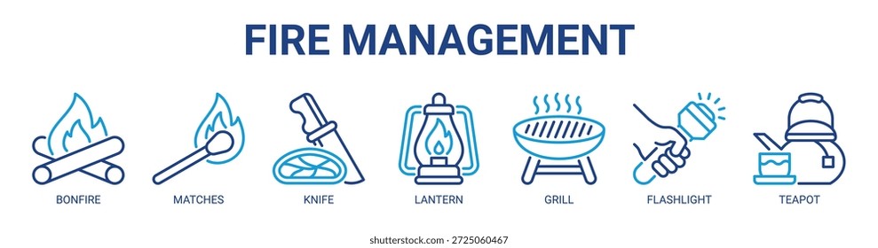 Concepto de Ilustración vectorial de icono de Anuncio de Web de gestión de incendios con icono de hacha, hoguera, fósforos, cuchillo, linterna, parrilla, linterna.