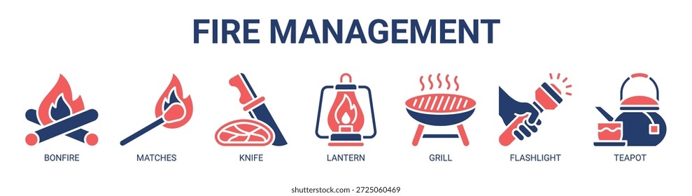 Concepto de Ilustración vectorial de icono de Anuncio de Web de gestión de incendios con icono de hacha, hoguera, fósforos, cuchillo, linterna, parrilla, linterna.