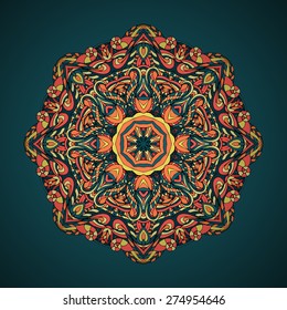 Fire mandala on a dark blue background. Vector illustration.