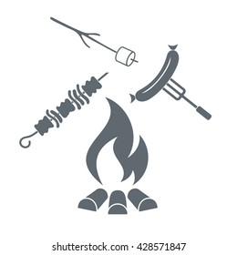 Fire, marshmallow, kebab and sausage icon on white background. Vector illustration.
