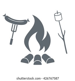 Fire, marshmallow and sausage icon on white background. Vector illustration.
