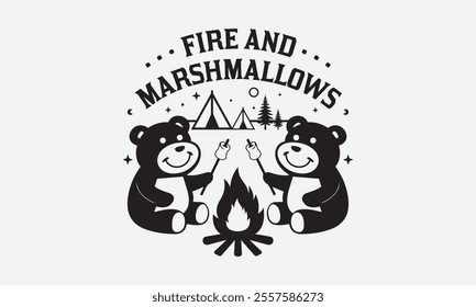 Fire And Marshmallows, Ready To Print Camping Vector T Shirt Design Template, Wall Art, Mug, Sticker, Banner, Tee, Hoodie, Printable, Illustration