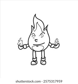 fire mascot illustration, black and white cartoon style, vector format, good for children's coloring teaching materials, clothing, and visual elements and others