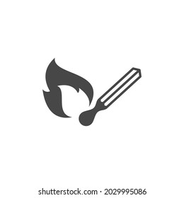 Fire match with flame black vector icon. Matchstick glyph symbol.