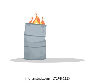 Fire in metal barrel semi flat RGB color vector illustration. Burning dustbin. Urban dump. Homelessness and poverty. Trash bin with flame inside isolated cartoon object on white background