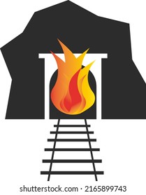 A fire in the mine. Warning about the danger of fire. Vector black image highlighted on a white background.d