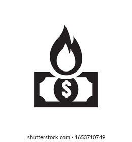 Fire money vector icon, burn cash illustration isolated on white background. Burning dollar sign, flame money logo or banknote symbol