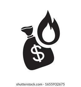 Fire money vector icon, burn cash illustration isolated on white background. Burning dollar sign, flame money bag logo or symbol