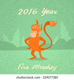 Fire Monkey Cartoon Character Retro New Year 2016 Flat Vector Illustration