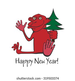 Fire monkey holding a Christmas tree. Happy New Year.