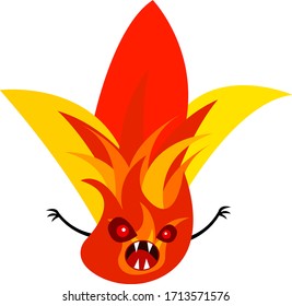 Fire monster fantastic bright flower with sharp fangs and red eyes. Concept of fires and mystic characters object on a white background.