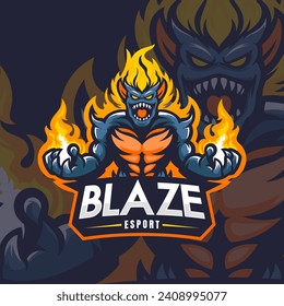 Fire monster mascot esport vector illustration. Flame devil gaming and sport team mascot emblem.