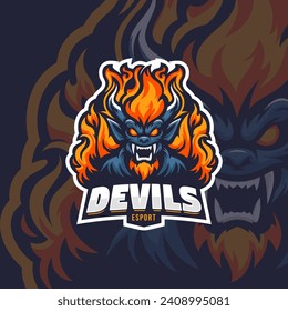 Fire monster mascot esport vector illustration. Flame devil gaming and sport team mascot emblem.