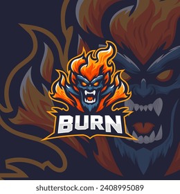 Fire monster mascot esport vector illustration. Flame devil gaming and sport team mascot emblem.
