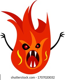 Fire monster with red eyes with open mouth and sharp fangs. The concept of mysticism and fires object on a white background