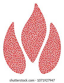 Fire mosaic of round dots in various sizes and color tints. Small circles are united into fire vector illustration. Dotted vector design concept.