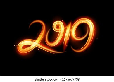 Fire motion effect to 2019 happy new year, vector and illustration.