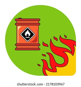 Fire Near A Barrel Of Gasoline. Flammable Substance With A Flame Nearby. Flat Vector Illustration.