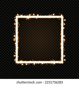 Fire neon square frame with glowing particles isolated on white background. Gold rectangular shape and light effect. Luminous luxury vector illustration. Abstract sparkling flash, glares.