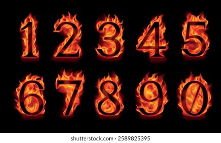 Fire numbers 1, 2, 3, 4, 5, 6, 7, 8, 9, 0 isolated on a black background. Black figures in orange flames. Vector illustration. 