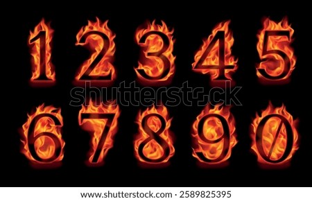 Fire numbers 1, 2, 3, 4, 5, 6, 7, 8, 9, 0 isolated on a black background. Black figures in orange flames. Vector illustration. 