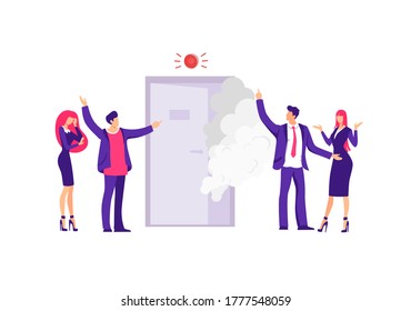 Fire In An Office Building Illustration. Group Of Characters Employees Are Standing In Panic Near An Open Door With Smoke Violation Of Fire Safety At Work Red Vector Fire Warning Light.