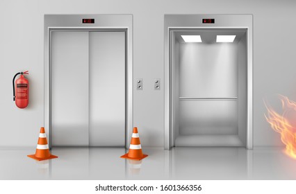 Fire in office hallway with open and closed elevator doors, red extinguisher on wall and traffic cones. Vector realistic illustration of emergency in empty lobby interior with lift