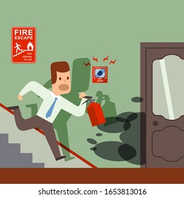 Fire in office, man with extinguisher running to help, emergency situation alarm, vector illustration. Cartoon character in simple flat style, businessman hurries downstairs with fire extinguisher
