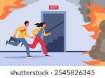 Fire in office. Man and woman escape from burning building. Accident and emergency indoors. Fear and panic. People leaving hall. Danger and hazard. Flat vector illustration