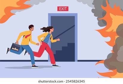 Fogo no escritório. Homem e mulher escapam do prédio em chamas. Acidente e emergência em ambientes fechados. Medo e pânico. Pessoas saindo do hall. Perigo e perigo. Ilustração de vetor plano