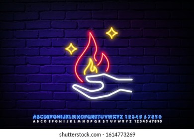 The fire on the arm neon icon. Circus flaming magic fire against a dark brick wall. Night bright advertising. Vector illustration in neon style for circus performance or dangerous trick