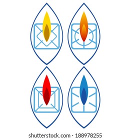 Fire on a background of household gas stove burners. Illustration on white background.