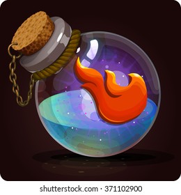 fire on the bottle. Game icon of magic elixir. Vector design for app user interface